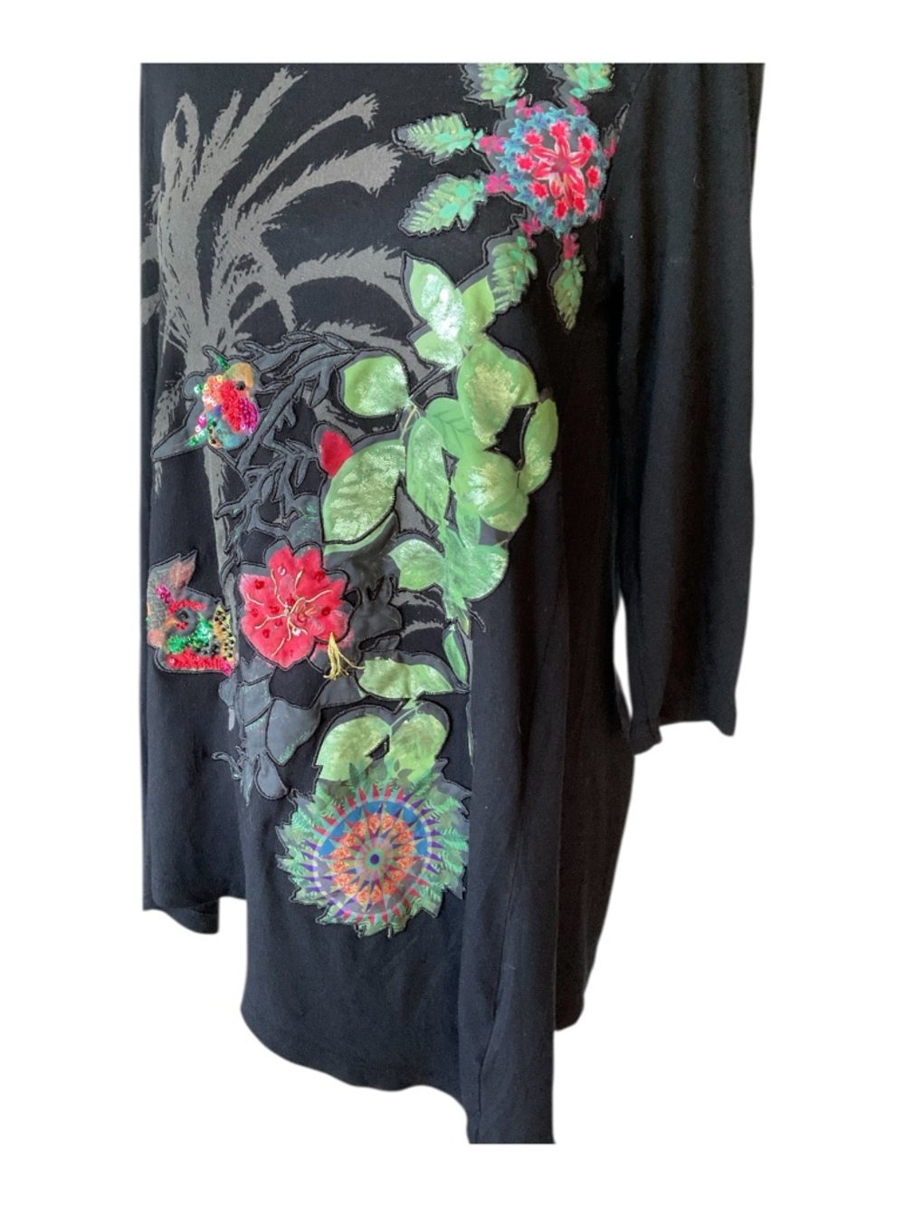 Desigual Floral Hummingbird Tunic Top Black Viscose Embroidered Size L - Picture 3 of 6